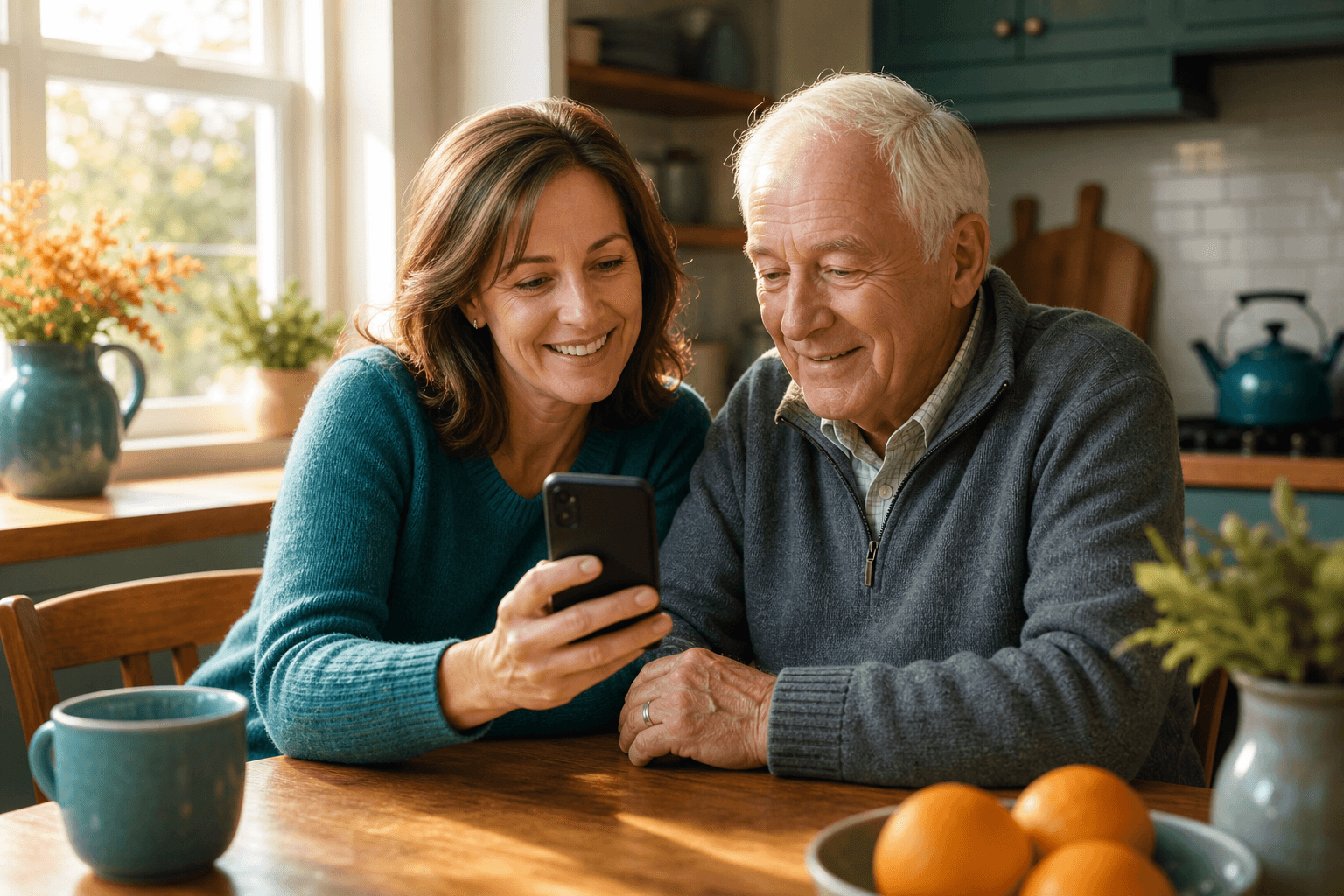 Adult caregiver with an older parent — the kind of remote family MedsYet.com helps with SMS medication reminders